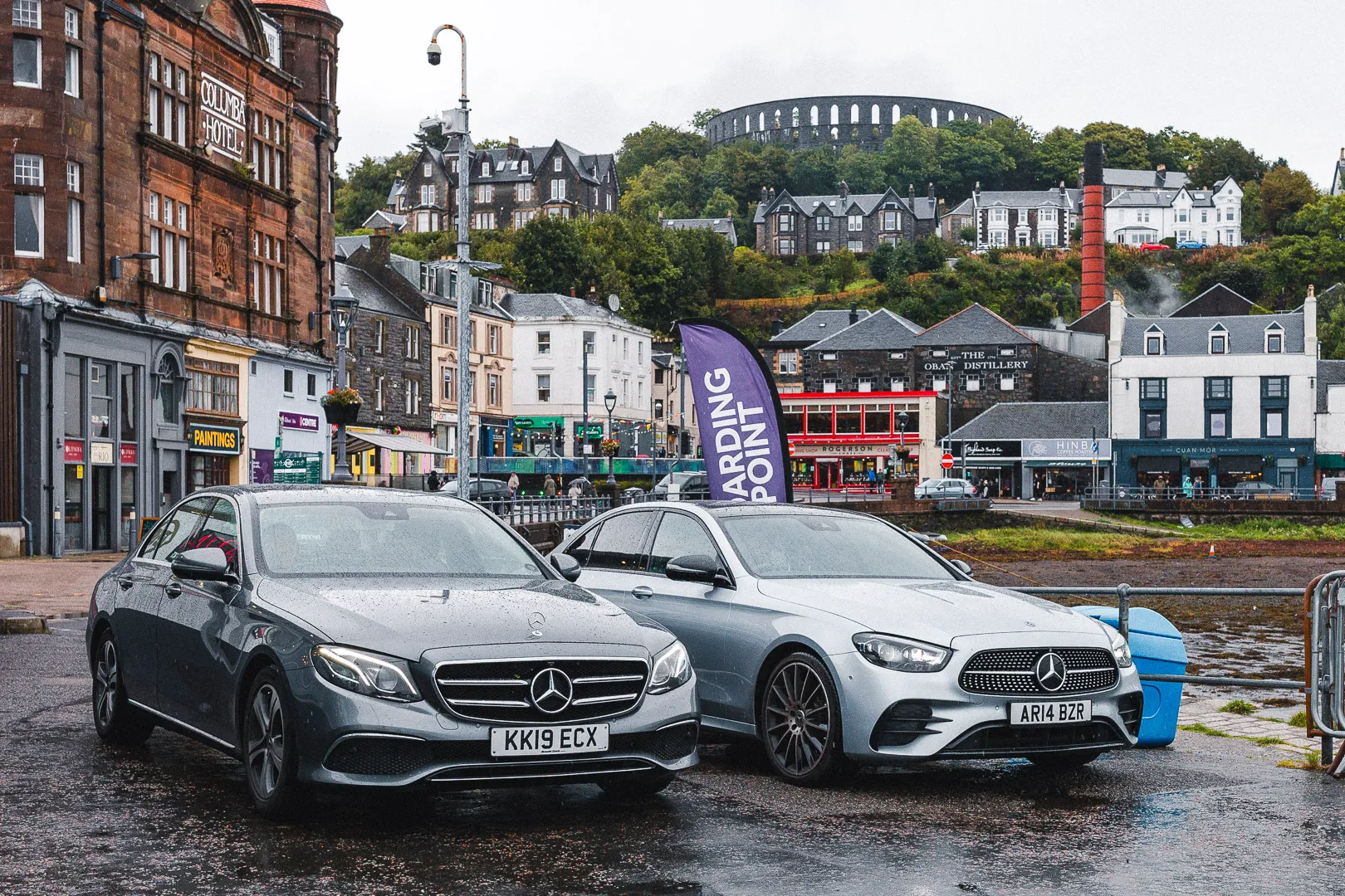 Executive Airport Pickup - Mercedes in Scottish Town for Edinburgh-St Andrews Transfer. Silver Mercedes vehicles ready for St Andrews transfer in Scottish town.
