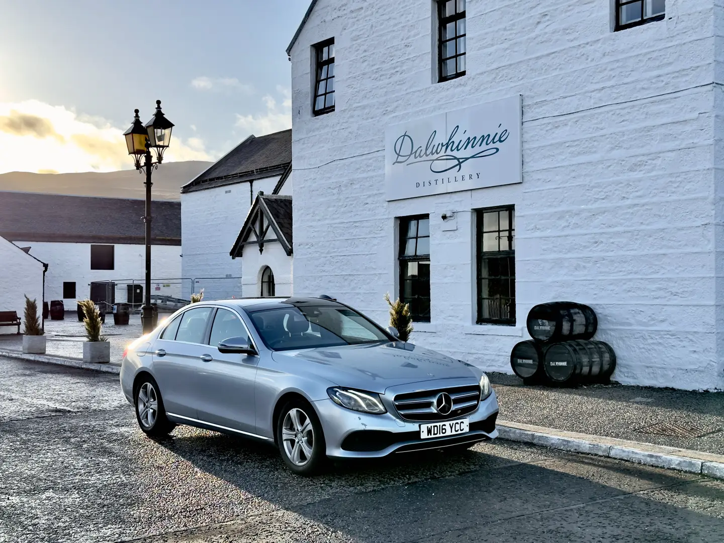 Comfortable St Andrews Transfer - Dalwhinnie Distillery Stop Mercedes-Benz E-Class at Dalwhinnie Distillery for an St Andrews executive transfer.