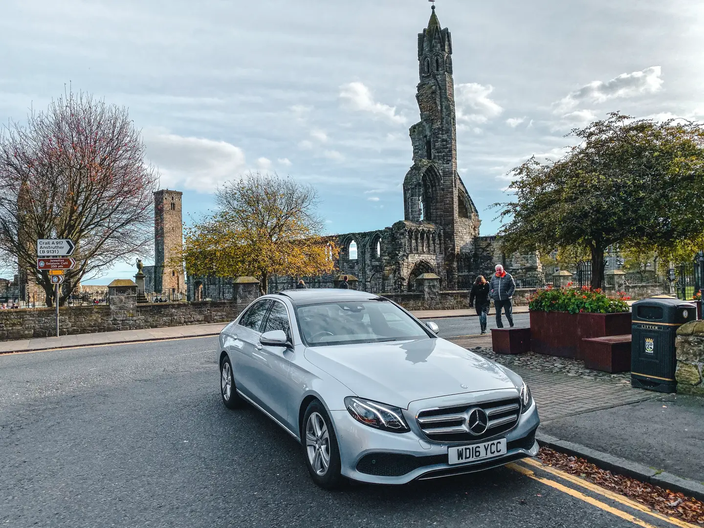 Historic St Andrews Cathedral - Executive Shore Transfer Service Mercedes-Benz E-Class on a historical tour, stopped by St Andrews Cathedral, ready for an Edinburgh to St Andrews shore transfer.